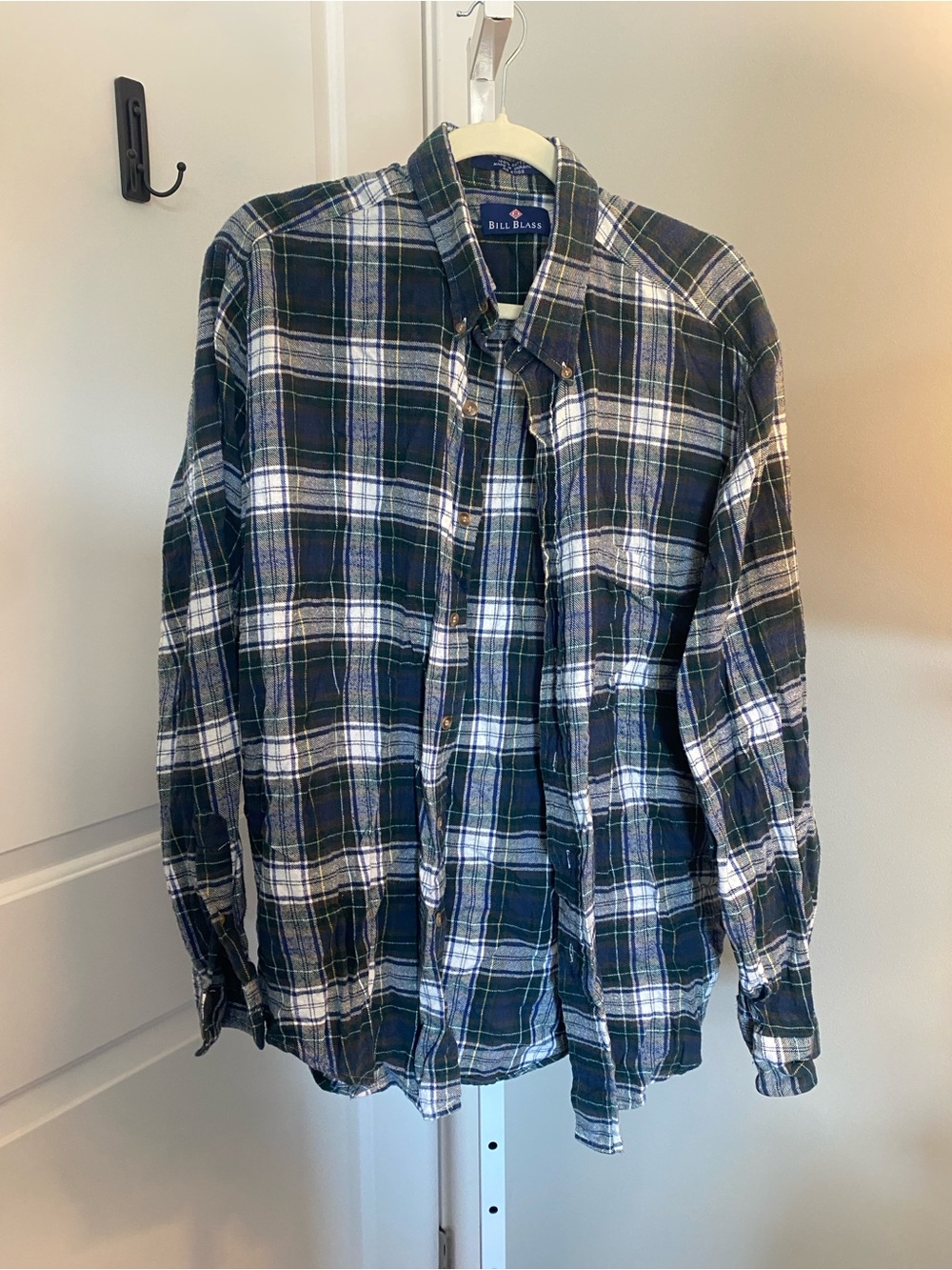 Bill Blass Blue, Green and White Plaid Button-Down Shirt L